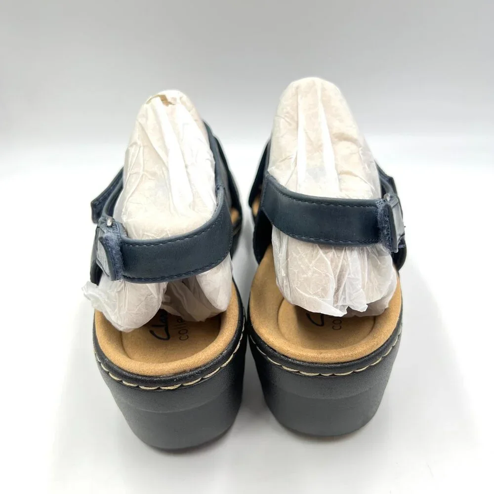 Clarks‎ Womens Size 12 Merliah Echo Navy Blue Leather Low Wedges Sandals Shoes